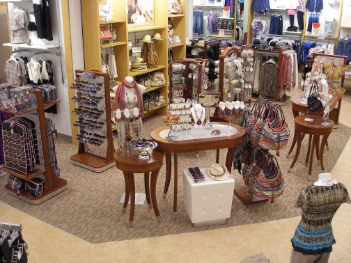 Refine Dress Barn's Jewelry and Accessory a boutique shop presentation- Wood, laminate, brushed & plated metal, frosted acrylic, glass
